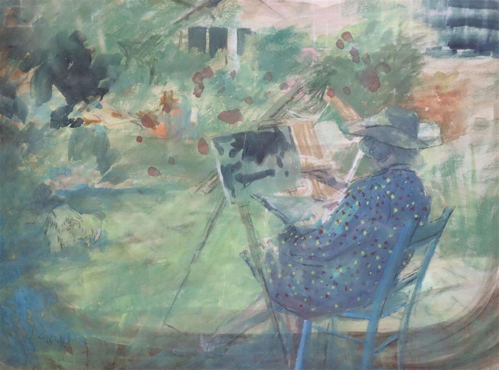 English School Lady artist sketching in a garden 37 x 50cm.